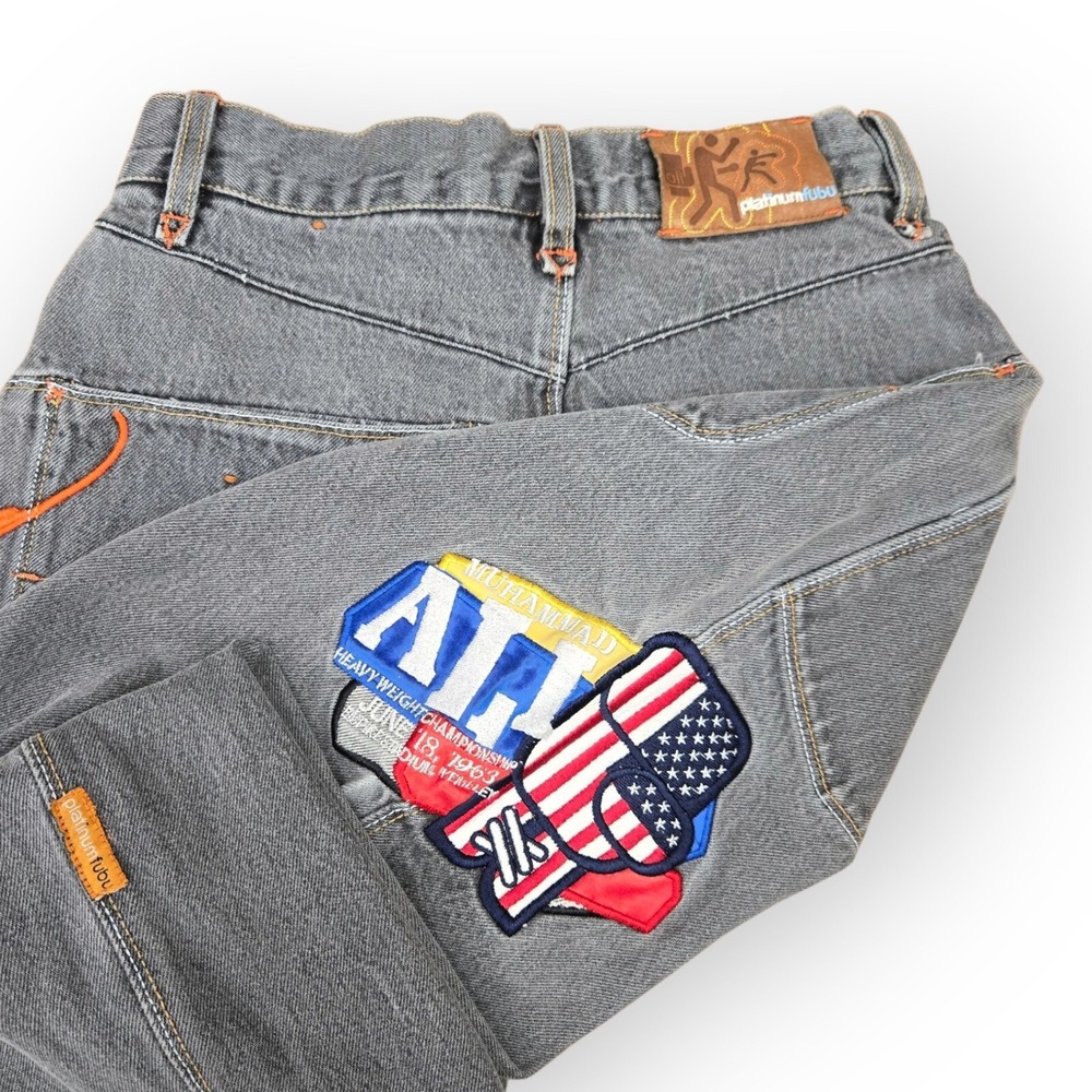 Vintage FUBU Muhammad Ali Jeans Platinum Small Teen 14W, 25" x 26" Patches Y2K